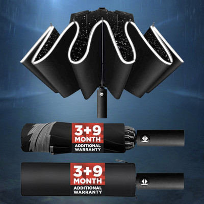 VRPRIME Automatic 3-Fold Umbrella for Men & Women | Night Safety with Reflective Strip Umbrella(Black)