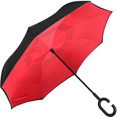 Holy Delight Double Layer Inverted Reversible No Drip Umbrella with C Shape Handle Umbrella Umbrella(Red)