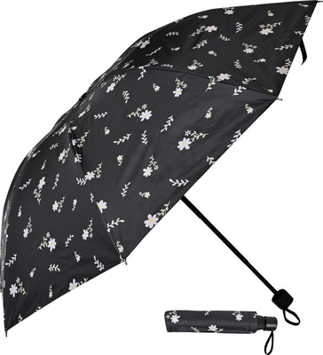 Umbrella mart 3 Fold Printed Rain Sun & UV Rays Protective Double Coated Manual Open Umbrella(Black)