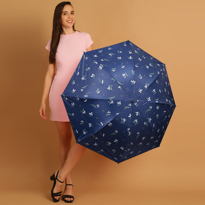 Umbrella mart 3 Fold Printed Rain and Sun Protective Manual Open Umbrella(Blue)