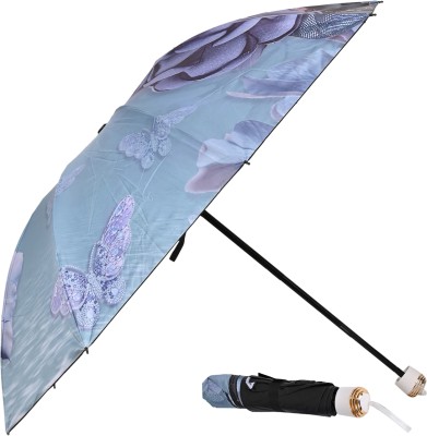 SFAB 3 Fold Digital Printed Rain Sun & UV Rays Protective Manual Open Umbrella(Green)