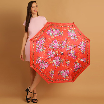 Umbrella mart 3 Fold Printed Rain and Sun Protective Manual Open Umbrella(Orange, Multicolor)
