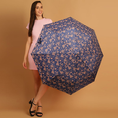 DesoRia 3 Fold Printed Rain and Sun Protective Button Open Umbrella(Blue, Gold)