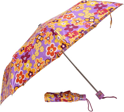 SFAB 3 Fold Printed Rain and Sun Protective Manual Open Umbrella(Purple, Yellow)