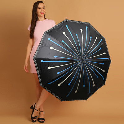 Umbrella mart 3 Fold Printed Rain Sun & UV Rays Protective Black Coated Manual Open Umbrella Umbrella(Black)
