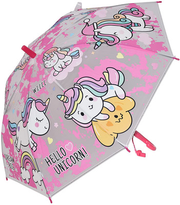 KARBD Translucent Unicorn Umbrella with Whistle for Kids Automatic 1 Fold Round Handle Umbrella(Pink)
