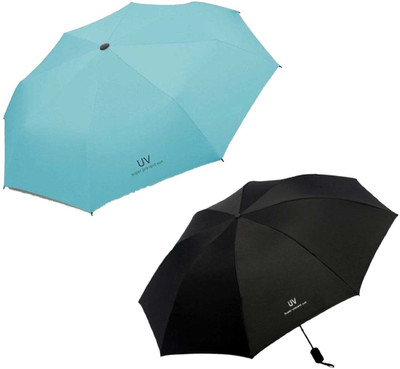 KEKEMI 3 fold Manual UV Plain Sun & Rain Umbrella Umbrella(Black, Blue)