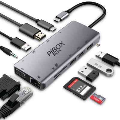 pibox india USB C 11 in 1 Dock, 4K HDMI, VGA, RJ45, 4 USB 3.0, USB-C PD, 3.5mm Audio, TF/SD USB Adapter(Platinum Grey)