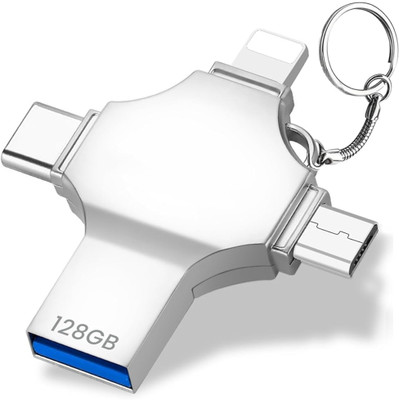 ELEPHANTBOAT Pendrive 128GB 4 in 1 Flash Drive with Light-ning, Micro USB, USB A, Type-C USB Adapter(Silver)