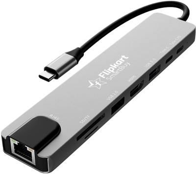 Flipkart SmartBuy 8-in-1 USB-C Hub 4K HDMI, 100Mbps Ethernet, USB 3.0, USB-C PD SD/TF Card Reader, Aluminium Adapter for Mac & Windows USB-C Devices USB Hub(Grey)