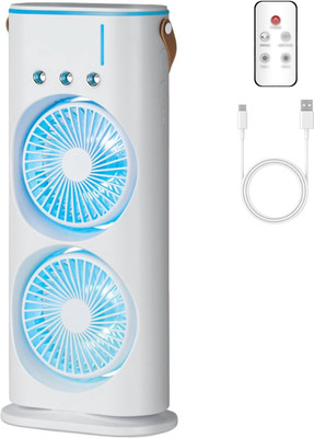Ervmtech Rechargeable fan with LED Light Cooler,Remote Control,Water Tank,Ice Filling Fan Portable Double Fan, Double-Ended Spray Fan,3 Speeds Mini Air Cooler Home Office USB Air Cooler(White)