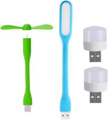 icall Combo pack of 4 (USB Fan, USB Light, Mini USB Bulb)- Emergency Combo use with Laptop, Power bank, Computer USB Fan, Led Light(Green, Blue)