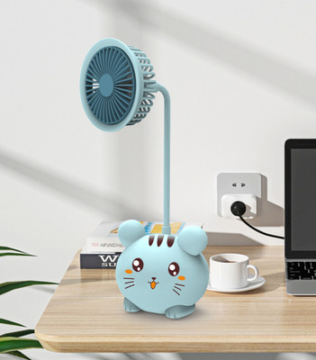 Spiaty Cute Cartoon Kitten Rechargeable Handheld Mini USB Fan with Pencil Sharpener UFAN008 USB Fan(Light Blue)