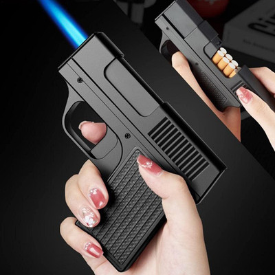 FITUP ™ JD-YH098 Blue Jet Flame Lighter 10 pcs Box Pocket Lighter Cool Pistol Lighter with 10 Count Cigarette Case Butane Gas Lighter Soldering Cigarette Lighter(Black Mist)