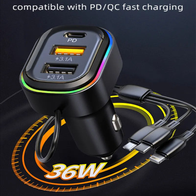 Huayue ™Q7 Car Usb Charger 3-in-1 Charging Cable Dual USB+1 Type-C PD Phone Car Charger Car Charger Port Output Fast Charging USB Car Mobile Charger Adapter Compaitble USB Charger(Cat Black)