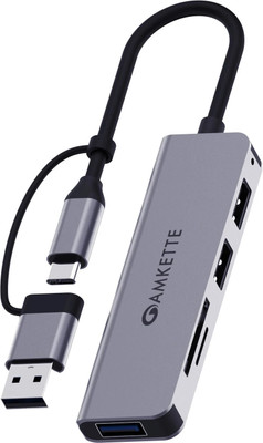 AMKETTE 5 in 1 Hybrid USB 3.0 Hub with Card Reader Type C+A USB Hub(Grey)