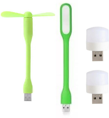 icall Combo pack of 4 (USB Fan, USB Light, Mini USB Bulb)- Emergency Combo use with Power bank, Laptop, Computer USB Fan, Led Light(Green, White)