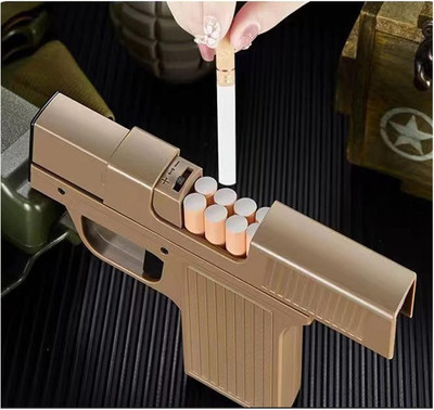 VariousEye JD-YH098 Brown Refillable Gun-Shaped Lighter with Cigarette Storage Holder/Box Built-In Cigarette Storage Plastic Gas Lighter Pocket Lighter(Brown)
