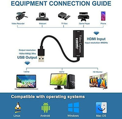 RuhZa Video Capture Card, USB 3.0 HD 1080P Capture Adapter Video Conference or Live Broadcasting, Supports PC, Phone, PS4, HDMI Connector(Black)