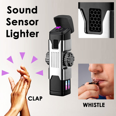 Huayue ™Flabox Sound Sensor Electric Flashlight LED Light,Survival Camping Adventure Smoking Lighters for Camping Kitchen,Men Gift,Refillable Butane Cigarette Cigarette Lighter(Silver)