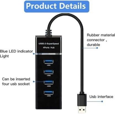 RAREGEAR 4 Port USB Hub 3.0 Adapter Cable 5Gbps Speed Led Indication Laptop PC Computers Camera, Mobile, Tablet, PC, Laptop, TV Mouse, Keyboards, Etc USB Hub(Black)