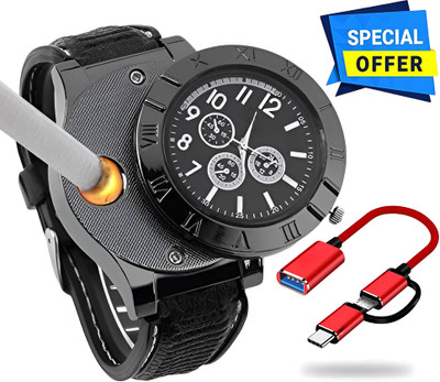Foxne Point Cigarette Lighter Rechargeable With Mini OTG 2 in 1 USB Cable Micro USB Type C Cigarette Lighter Watch, USB Rechargeable Sporty Wristwatch Cigarette Lighter, USB Hub(Black, Red)