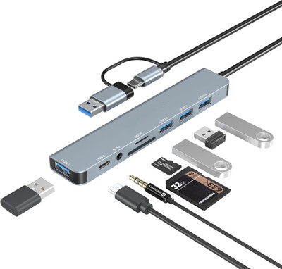 Rackit Power Mport 8 Plus Dual Plug 8-in-1 Docking Station/Hub with AUX, USB 3.0 Type-C Data, USB 2.0, Type-C and USB Plug USB Hub(Port 8 Plus)