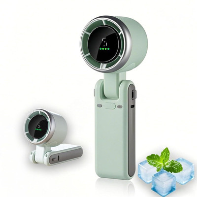 ULTRABYTES Mini Personal Hand Fan with LED Display, 5 Speed Adjustable Foldable Handheld Portable Fan USB Fan(Light Green)