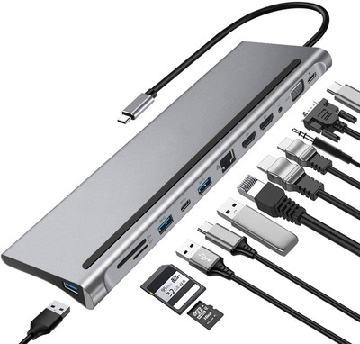 RuhZa USB C to 12 in 1 Aluminium Universal USB C Docking Station Dual Monitor HDMI, DP & VGA with 3 USB 3.0,Ethernet,Mic,2 HDMI Port,SD & Micro SD USB Hub(Silver)