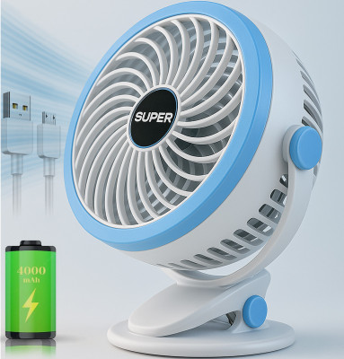 Sasimo Rechargeable 2000 mAh Desk Fan, Portable USB-Powered Quiet Table Fan 3 Blade Clip Fan Cooling Mini Hanging And Clip Table Fan Portable_2025 USB Fan(Blue, white)