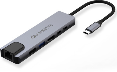 AMKETTE Type-C Travel Dock with USB-C to 100 Mbps Ethernet, 4K HDMI and 100W PD Charging 6 in 1 USB Hub(Grey)