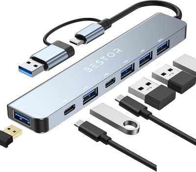 Bestor 7 Port USB-C Hub with USB-A Durable converter 1x USB 3.0, 4x USB 2.0, USB-C, 60W PD Charging Ports USB Hub(GRAY USB)