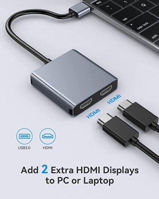 RuhZa USB to Dual HDMI Adapter, USB 3.0 to Dual HDMI Converter r 2K Video Audio Multi Monitor, HDMI to USB Adapter Support Windows/Mac USB Hub(Grey)