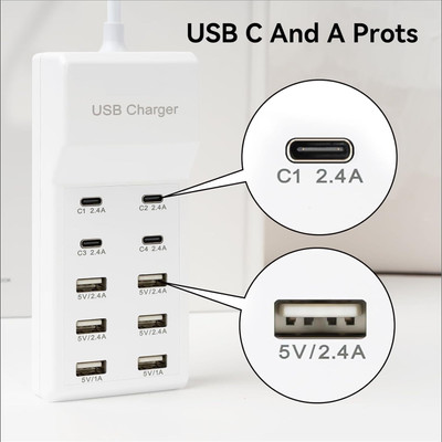 RuhZa Portable USB C Charging Station,USB-C 4-Ports, Hub 10-Ports USB Charger Dock for Multiple Devices Phones Tablet Smartwatch Headphones Speakers USB Charger(White)