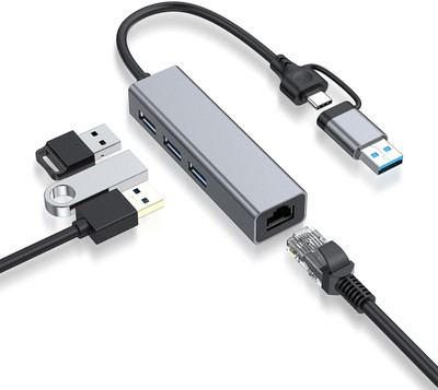 Verilux Type C/USB Ethernet Adapter USB A/USB C Hub 4 in 1 USB C to USB Hub with USB Adapter, USB C to 100M USB Hub(Silver)