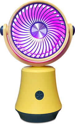 Symbelle Desktop USB Fan with 3 Speed, Multicolor Automatic Lights & Adjustable Head | DD8081 Rechargeable Fan, USB Fan(Yellow, Dark Green)