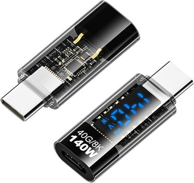 VOOCME USB Type C Male to Female Connector USB-C Adapter with LED Display, PD 140W USB Charger(Black)