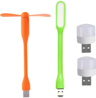 icall Combo pack of 4 (USB Fan, USB Light, Mini USB Bulb)- Emergency Combo use with Power bank, Laptop, Computer USB Fan, Led Light(Orange, Green)
