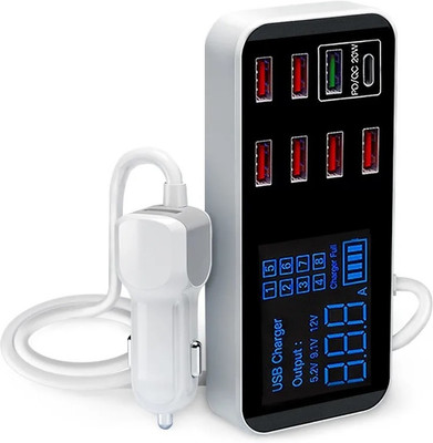 microware A9S+ 8-port USB Car Charger PD 20W + QC3.0 Phone Charger Adapter Smart LCD Display Charging Station USB Charger(White)