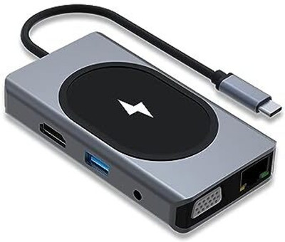 VOOCME 9-in-1 Type-C Docking Station 15W QI Wireless Charging USB3.0 USB2.0 HUB 4K USB3.0 Wireless Charger Type C Adapter for Laptop Makbuk Phone Laptop Accessory(Black)