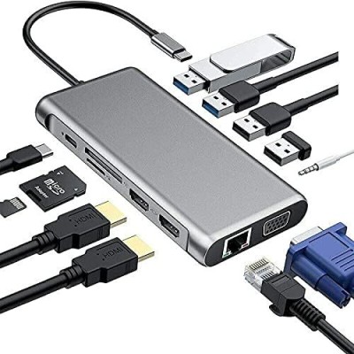 RuhZa USB Type C 12 in 1 Multiport Hub Adapter, Type-C to 2 HDMI 2 USB3.0 + 2 USB2.0 VGA + SD + TF + Audio + LAN Adapter (C to 12in1) USB Hub(Grey)