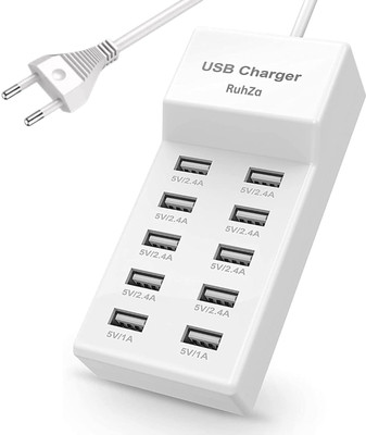 RuhZa 60w12A 10 Ports Multiple Charging Block/Power USB Strip for iPhone Android USB Mobile Charger, USB Charging Station Turbo Charging Auto Detect Technology USB Hub(for iPhoneAndroid Smartphone Tablet Smart Watch,and Multiple Charger Plug White)