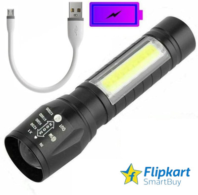 Flipkart SmartBuy Led Flashlight Rechargeable USB Mini Torch Light, Ultra Bright Small Flash Light Handheld Pocket Compact Portable Tiny Lamp COB Side High Powered Tactical Travel Led Light(Black)
