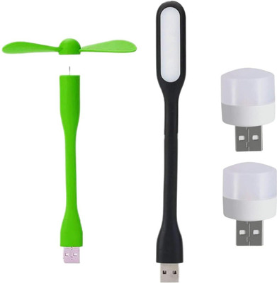 icall Combo pack of 4 (USB Fan, USB Light, Mini USB Bulb)- Emergency Combo use with Power bank, Laptop, Computer USB Fan, Led Light(Green, Black)