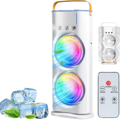 BIYALI Double Ended Spray Cooler, 2025 New 3 Gears USB Rechargeable Mist Cooling Fan LED Light Cooler Fann, Push Button& Remote Control Desk Table fan USB Air Cooler(White)