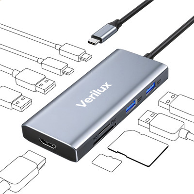 Verilux USB C Hub 9 In 1 4K 60Hz HDMI USB C SD TF Card Reader 100W PD Fast Charging Hub VLX-9IN1-USBC-HUB Converter Dock(Grey)