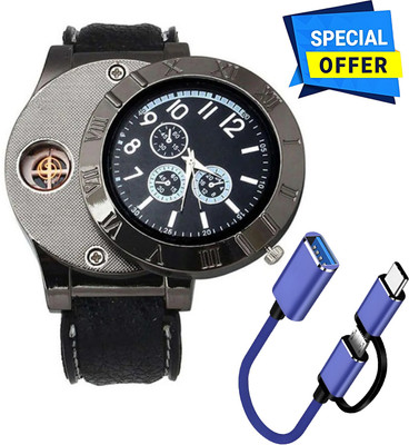 Foxne Point Cigarette Lighter Rechargeable With Mini OTG 2 in 1 USB Cable Micro USB Type C Cigarette Lighter Watch, USB Rechargeable Sporty Wristwatch Cigarette Lighter, USB Hub(Black, Blue)