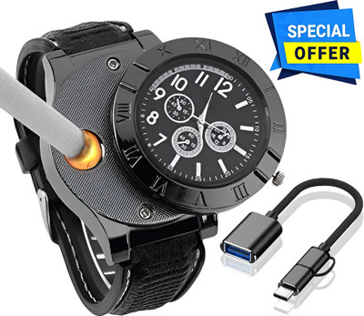 Foxne Point Cigarette Lighter Rechargeable With Mini OTG 2 in 1 USB Cable Micro USB Type C Cigarette Lighter Watch, USB Rechargeable Sporty Wristwatch Cigarette Lighter, USB Hub(Black)