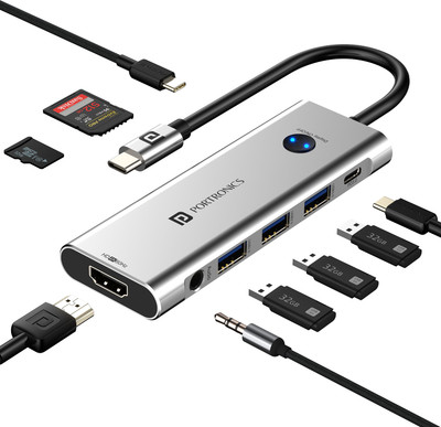 Portronics Mport One USB C Hub (9-in-1), HDMI, PD, USB 3.0/2.0, SD/microSD, HDMI Switch USB Hub(Grey)