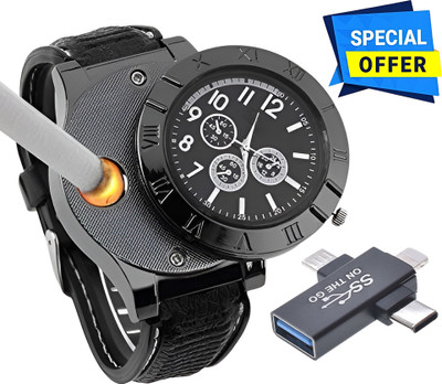 Foxne Point Cigarette Lighter Rechargeable With Mini OTG 3 in 1 USB USB Type C Cigarette Lighter Watch, USB Rechargeable Sporty Wristwatch Cigarette Lighter, USB Flash Drive(Black)